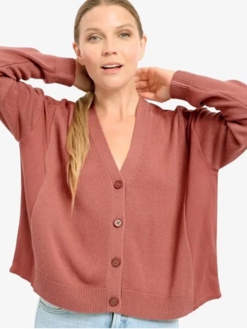 Relaxed V-Neck Button Cardigan Sweater in Dusty Rose